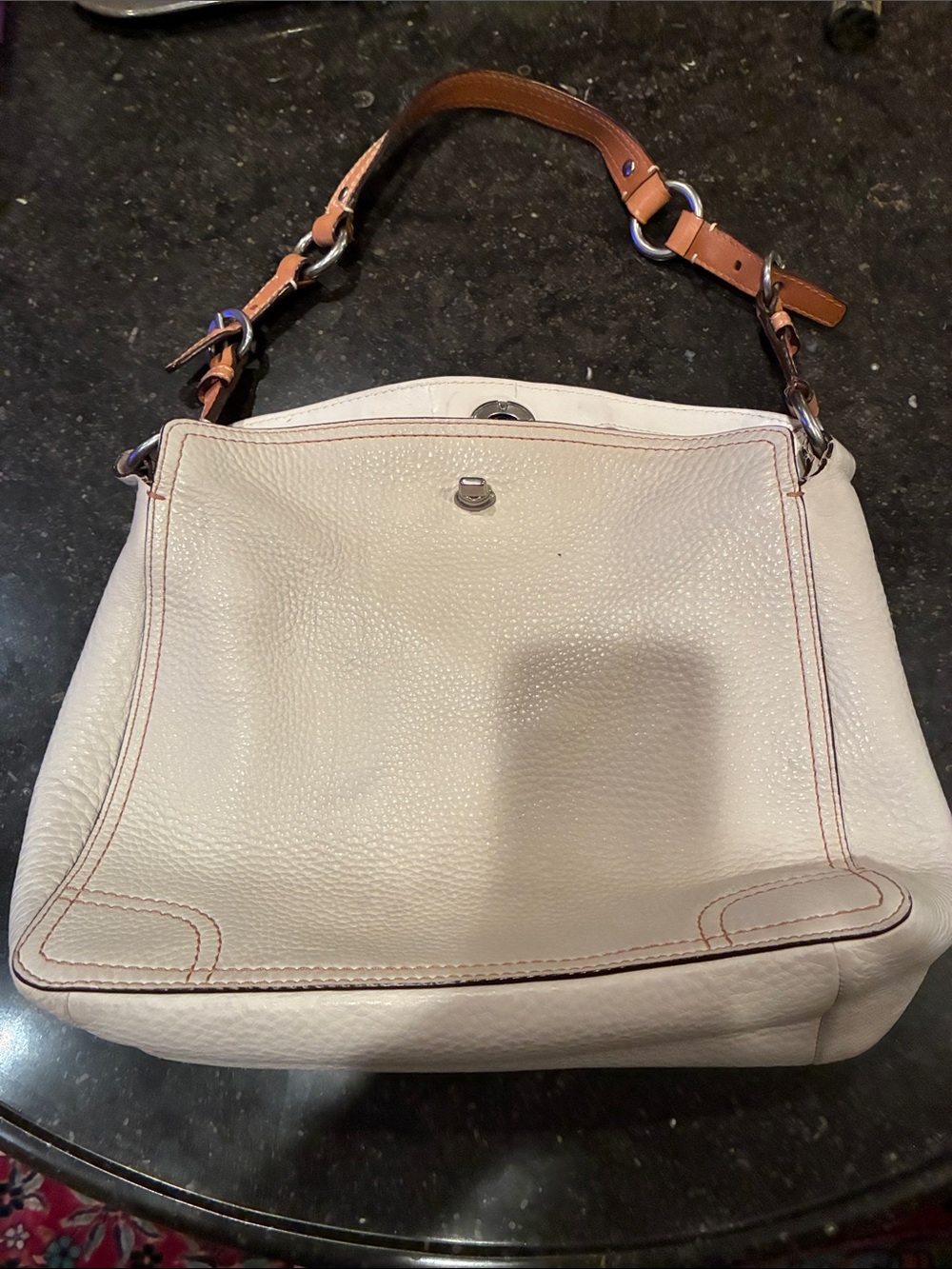 Coach Cream Pebbled Leather Shoulder Bag with Brown Strap
